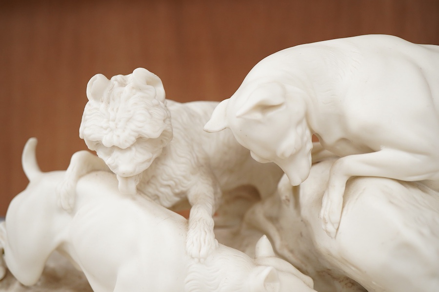 After Pierre-Jules Mene (1810-1879), a parian group, 'Le Chasse au Lapin', 31cm